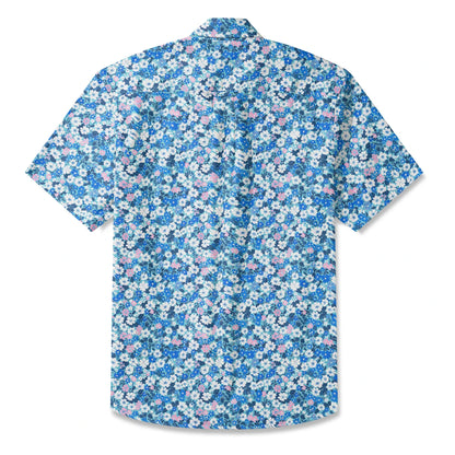 LeosWare® Flower Men's Hawaiian Shirt Short Sleeve Button-up 100% Cotton Blue Aloha Blue Sea Flower Trail