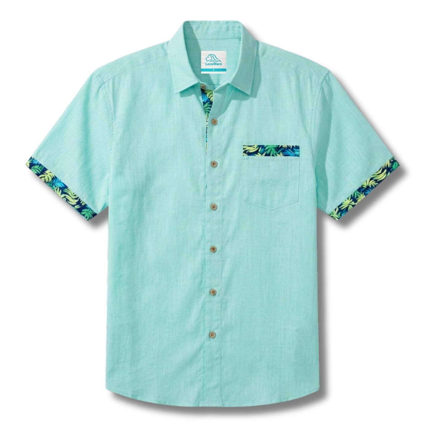 LeosWare® Men's Hawaiian Shirt Short Sleeve Button-up Breathable & Quick-Dry Aloha Solid Foundation