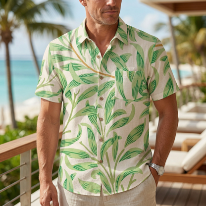 LeosWare® Men's Hawaiian Shirt Short Sleeve Button-up 95% Polyester, 5% Spandex Aloha Spring Trace