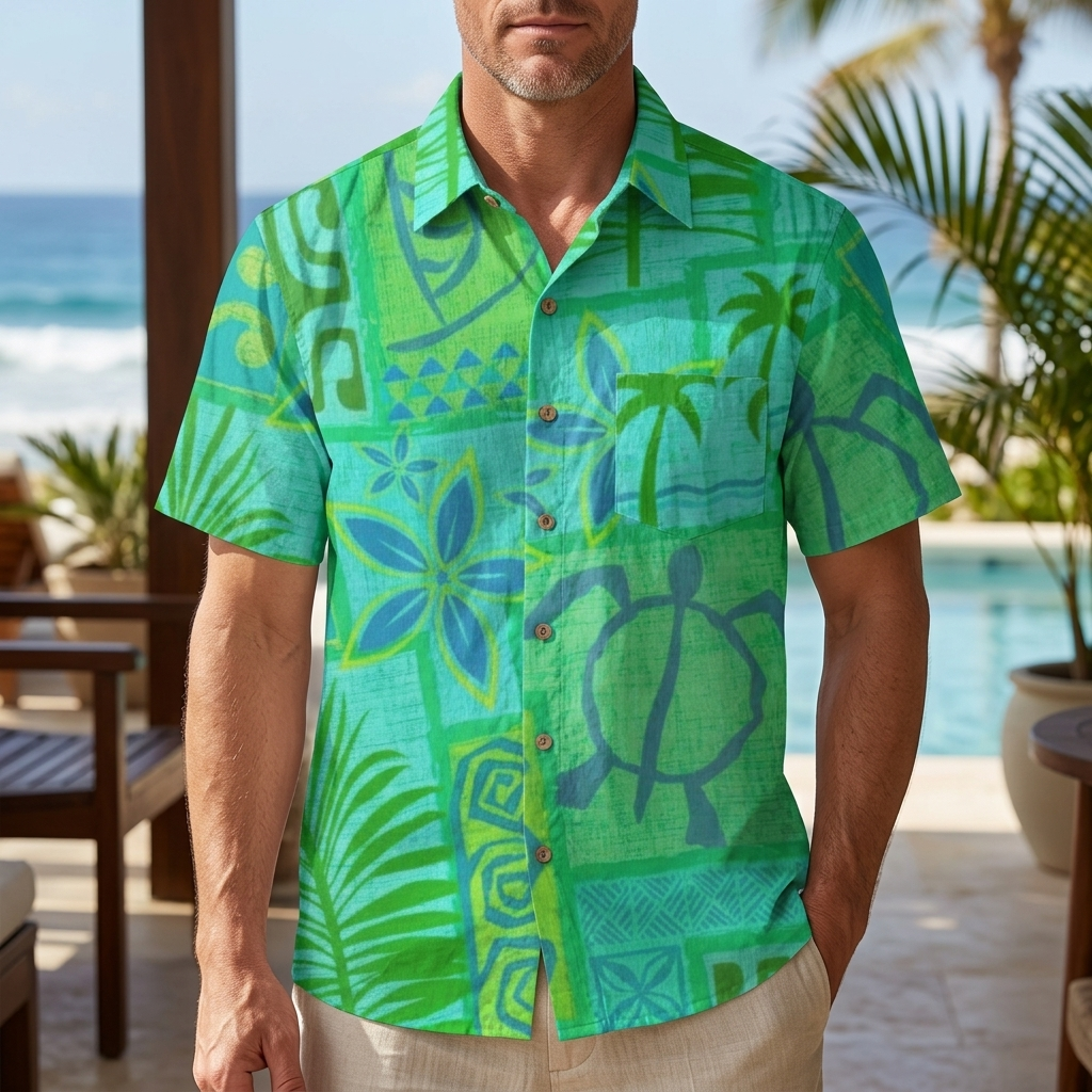 LeosWare® Men's Hawaiian Shirt Short Sleeve Button-up Breathable & Quick-Dry Aloha Tiki Mood(Aqua Green)
