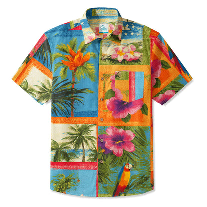 LeosWare® Men's Hawaiian Shirt Short Sleeve Button-up 95% Polyester, 5% Spandex Aloha Mosaic Paradise