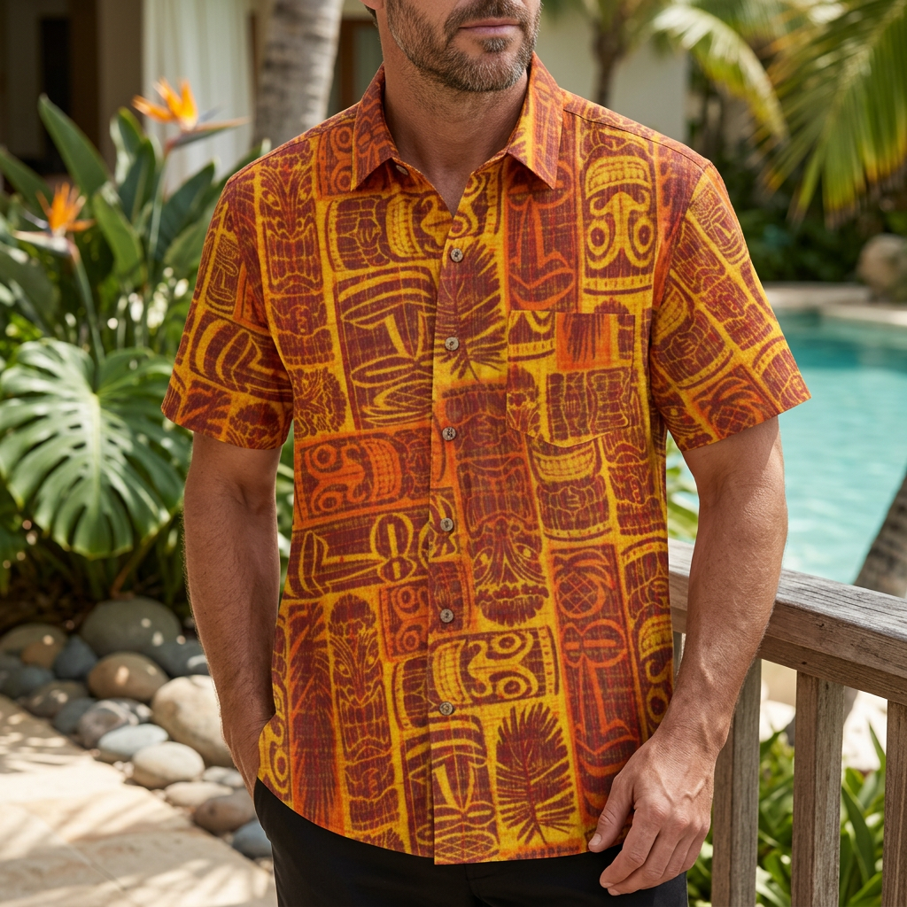 LeosWare® Men's Hawaiian Shirt Short Sleeve Button-up Breathable & Quick-Dry Aloha Sunset Tiki