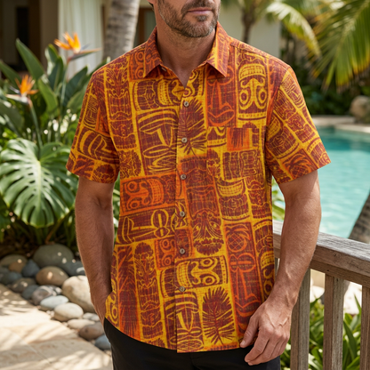 LeosWare® Men's Hawaiian Shirt Short Sleeve Button-up Breathable & Quick-Dry Aloha Sunset Tiki