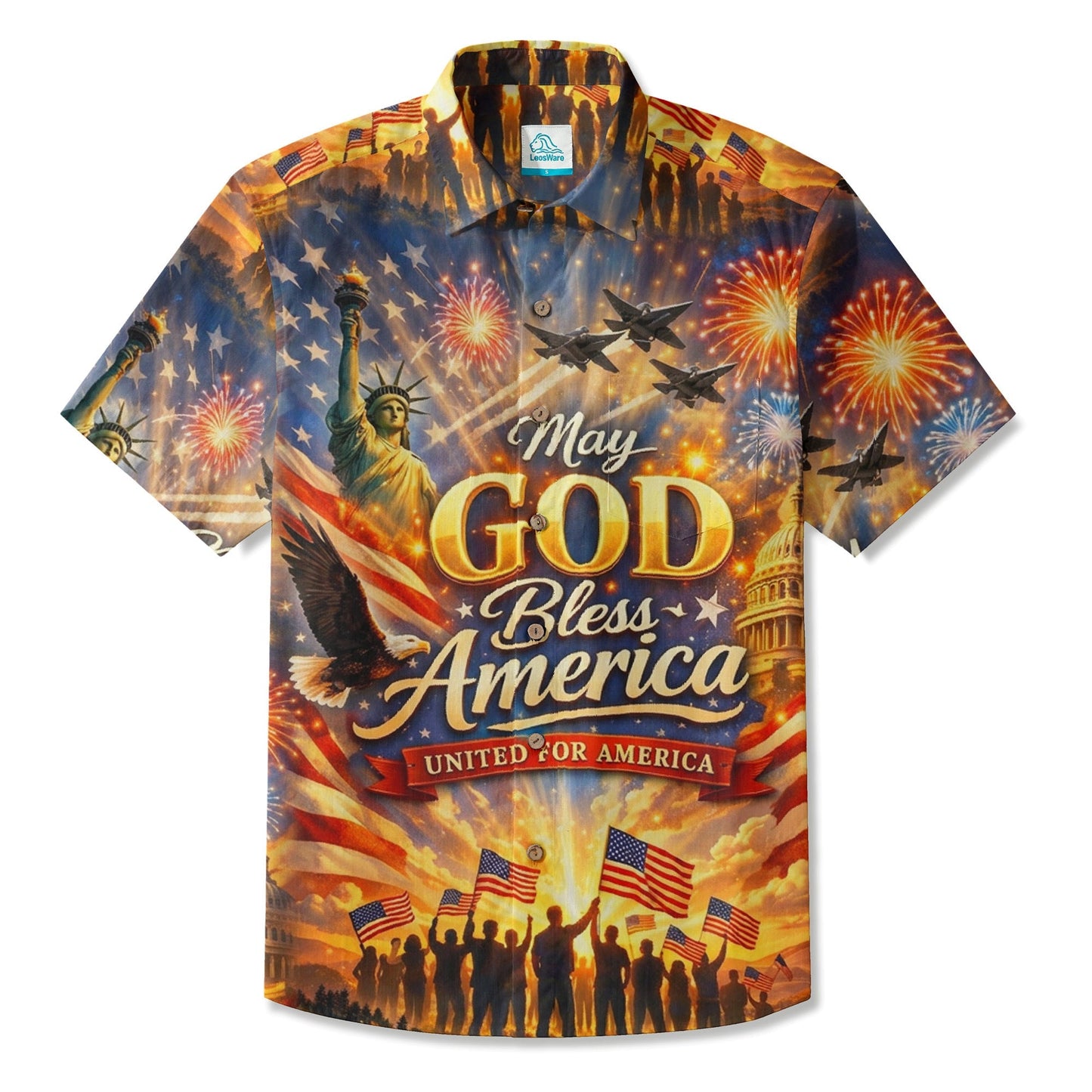 LeosWare® Men's Hawaiian Shirt Short Sleeve Button-up Breathable & Quick-Dry Aloha God Bless America Chest Pocket Holiday Tee