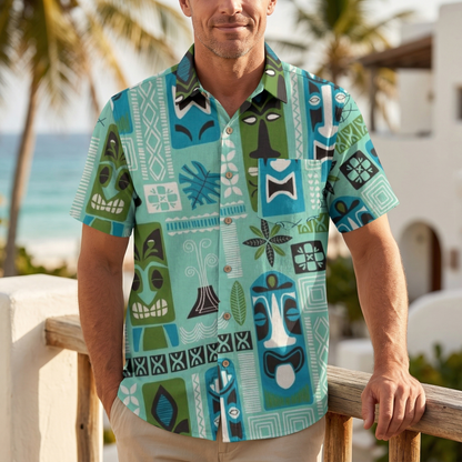 LeosWare® Men's Hawaiian Shirt Short Sleeve Button-up Premium polyester fabric Aloha Tiki Lagoon