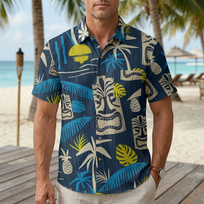 LeosWare® Men's Hawaiian Shirt Short Sleeve Button-up 95% Polyester, 5% Spandex Aloha Tiki Pulse