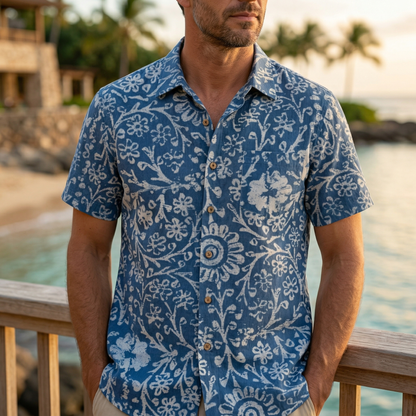LeosWare® Men's Hawaiian Shirt Short Sleeve Button-up 95% Polyester, 5% Spandex Aloha Indigo Bloom