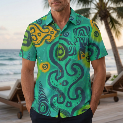 LeosWare® Men's Hawaiian Shirt Short Sleeve Button-up Premium polyester fabric Aloha Tiki Pulse