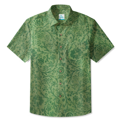 LeosWare® Men's Hawaiian Shirt Short Sleeve Button-up 95% Polyester, 5% Spandex Aloha Moss Bloom