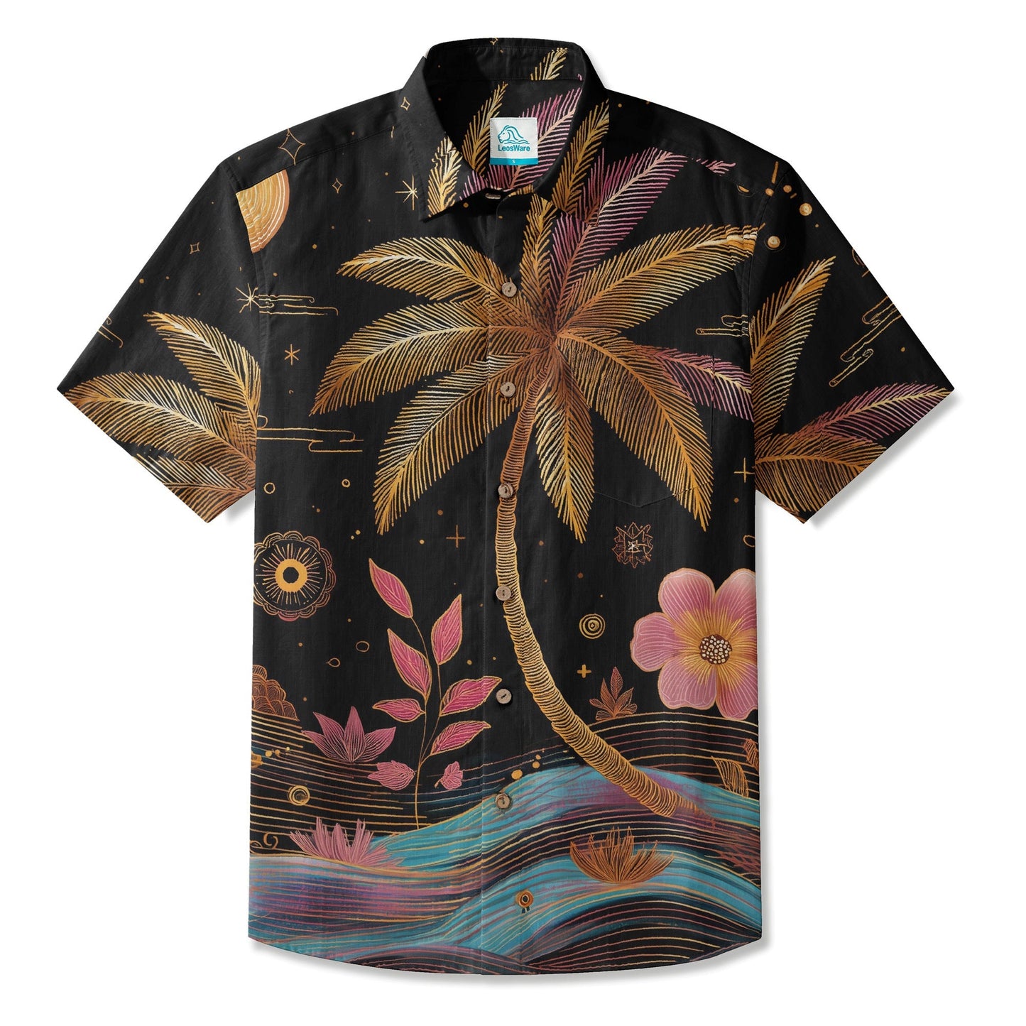 LeosWare® Men's Hawaiian Shirt Short Sleeve Button-up Breathable & Quick-Dry Aloha Moonlit Palm