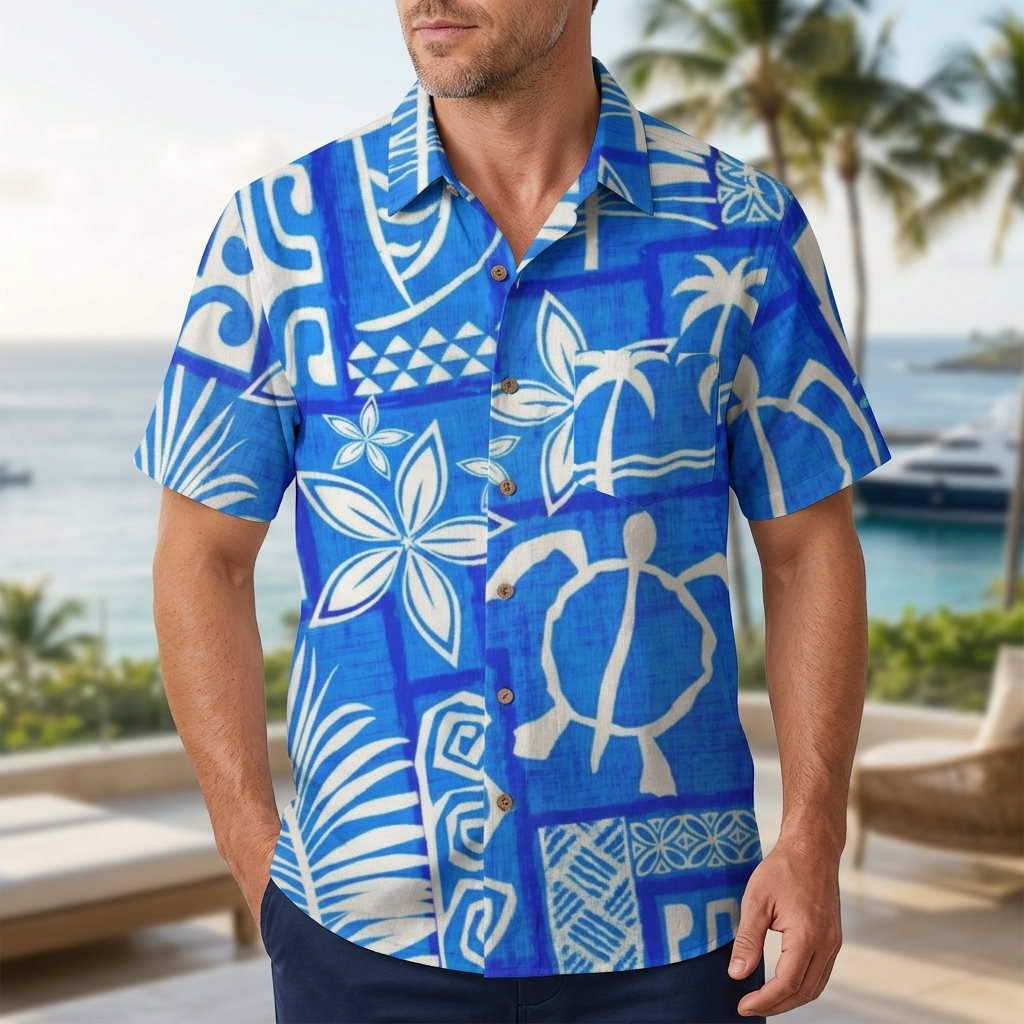 LeosWare® Men's Hawaiian Shirt Short Sleeve Button-up Breathable & Quick-Dry Aloha Tiki Mood(Ocean Blue)
