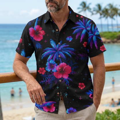 LeosWare® Men's Hawaiian Shirt Short Sleeve Button-up Breathable & Quick-Dry Aloha Glowing Tropics
