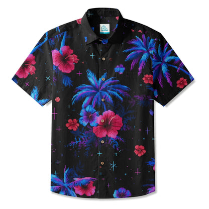 LeosWare® Men's Hawaiian Shirt Short Sleeve Button-up Breathable & Quick-Dry Aloha Glowing Tropics