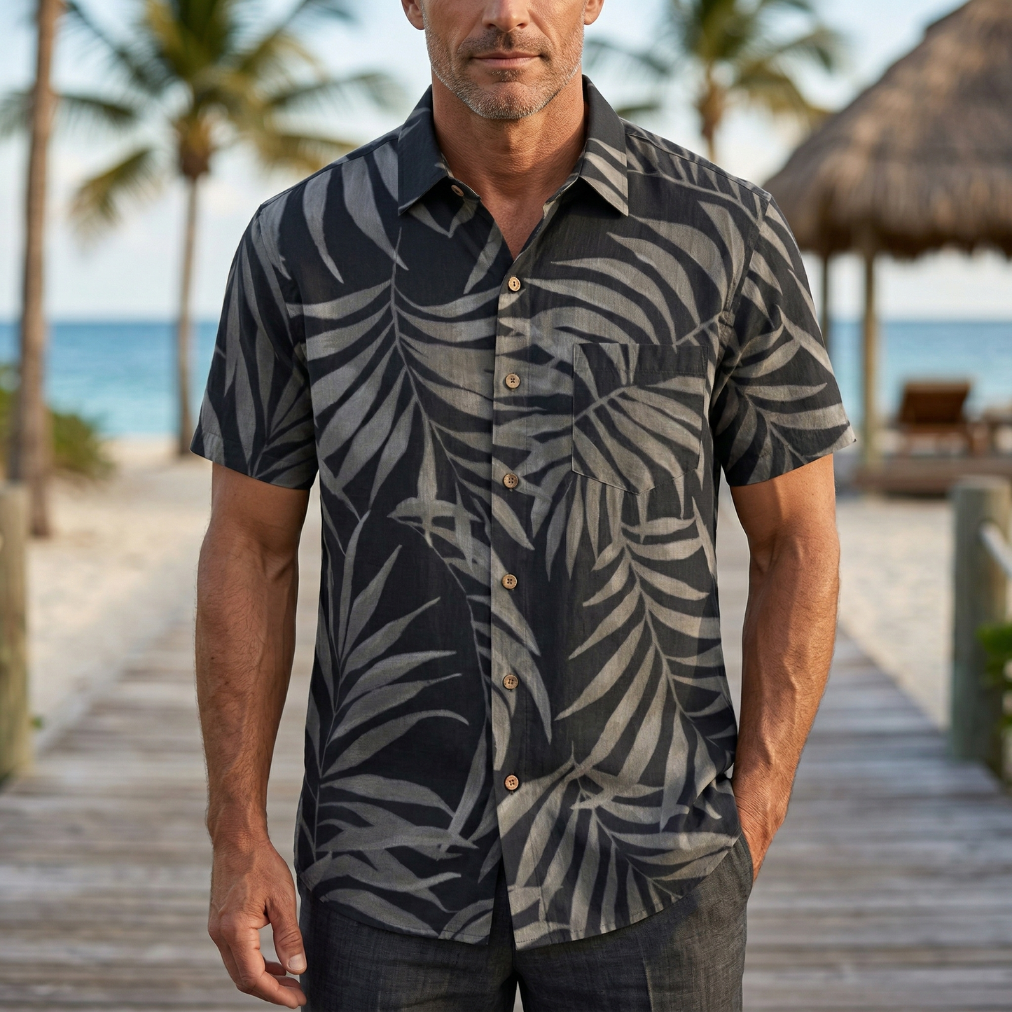LeosWare® Men's Hawaiian Shirt Short Sleeve Button-up 95% Polyester, 5% Spandex Aloha Midnight Oasis