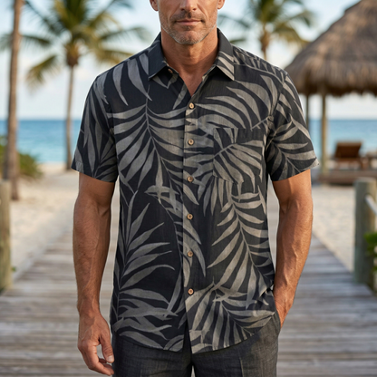 LeosWare® Men's Hawaiian Shirt Short Sleeve Button-up 95% Polyester, 5% Spandex Aloha Midnight Oasis