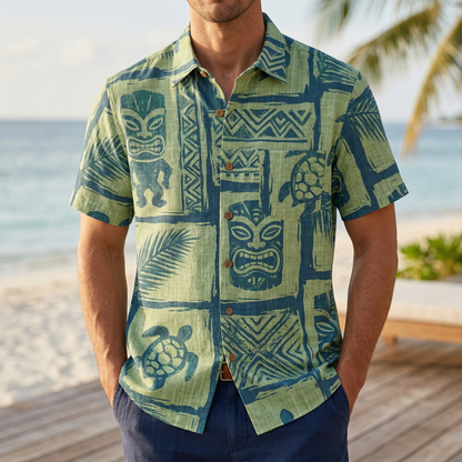 LeosWare® Men's Hawaiian Shirt Short Sleeve Button-up 95% Polyester, 5% Spandex Aloha Tiki Paradise