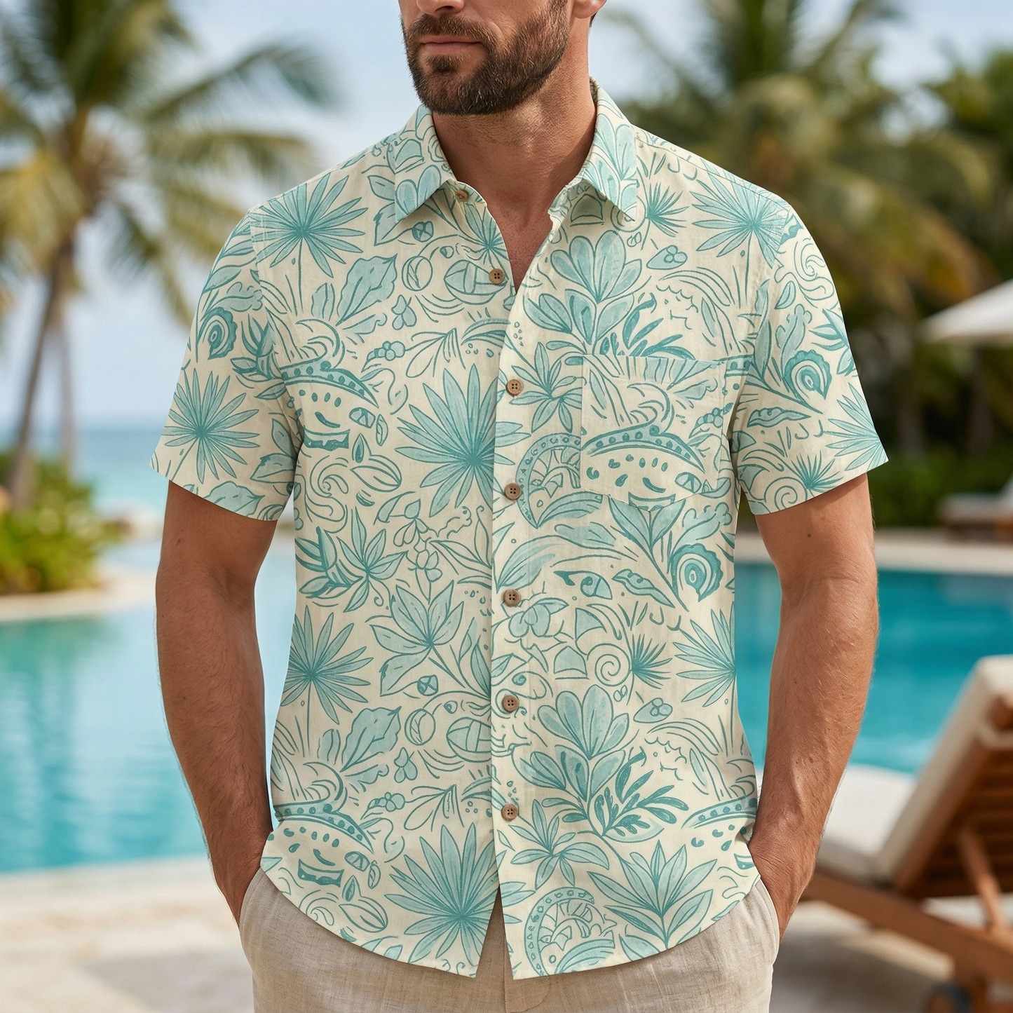 LeosWare® Men's Hawaiian Shirt Short Sleeve Button-up 95% Polyester, 5% Spandex Aloha Mint Isle