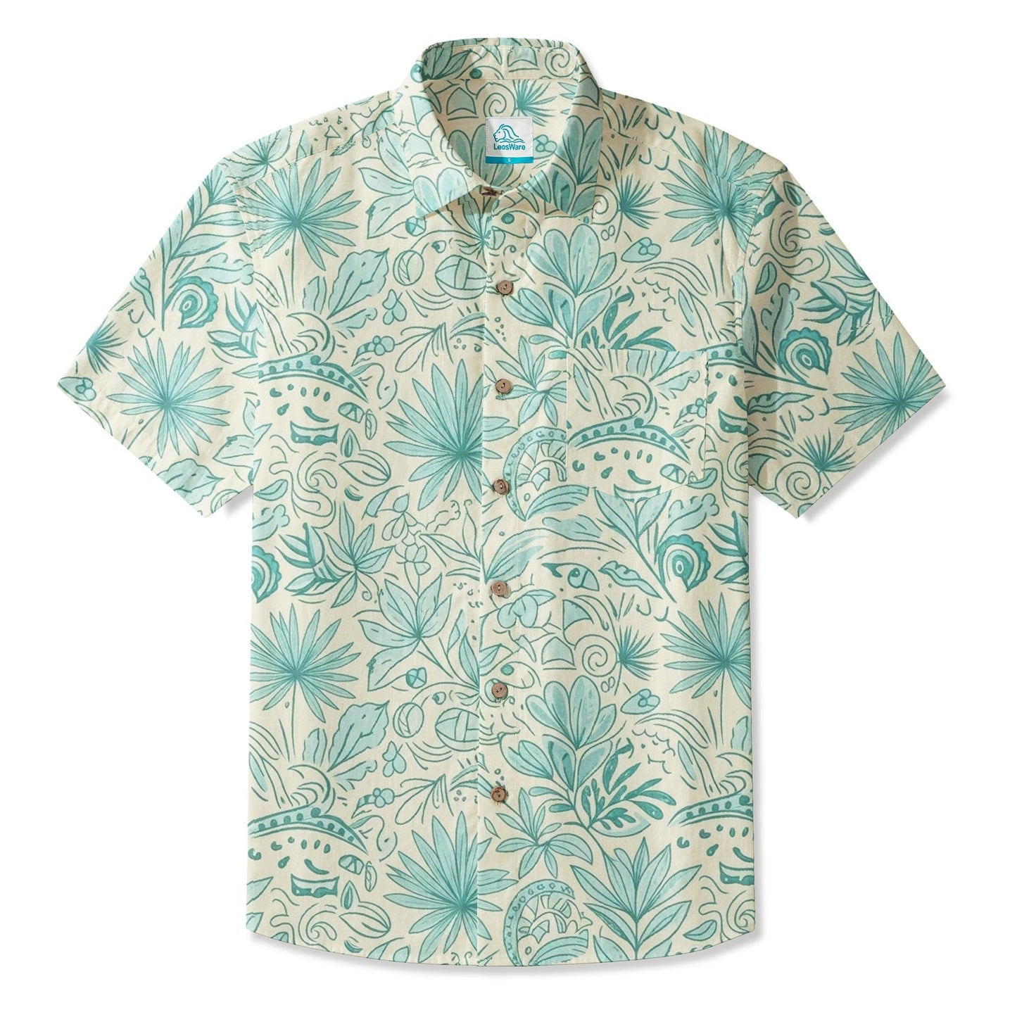 LeosWare® Men's Hawaiian Shirt Short Sleeve Button-up 95% Polyester, 5% Spandex Aloha Mint Isle