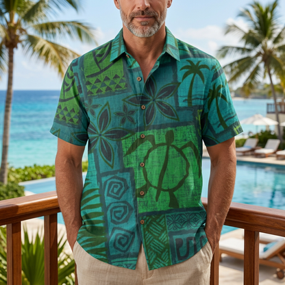 LeosWare® Men's Hawaiian Shirt Short Sleeve Button-up Breathable & Quick-Dry Aloha Tiki Mood(Teal Green)