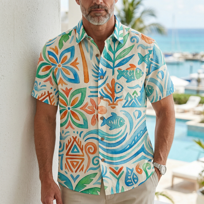 LeosWare® Men's Hawaiian Shirt Short Sleeve Button-up 95% Polyester, 5% Spandex Aloha Water Blossom