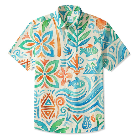 LeosWare® Men's Hawaiian Shirt Short Sleeve Button-up 95% Polyester, 5% Spandex Aloha Water Blossom