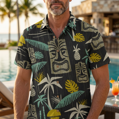 LeosWare® Men's Hawaiian Shirt Short Sleeve Button-up Breathable & Quick-Dry Aloha Midnight Tiki