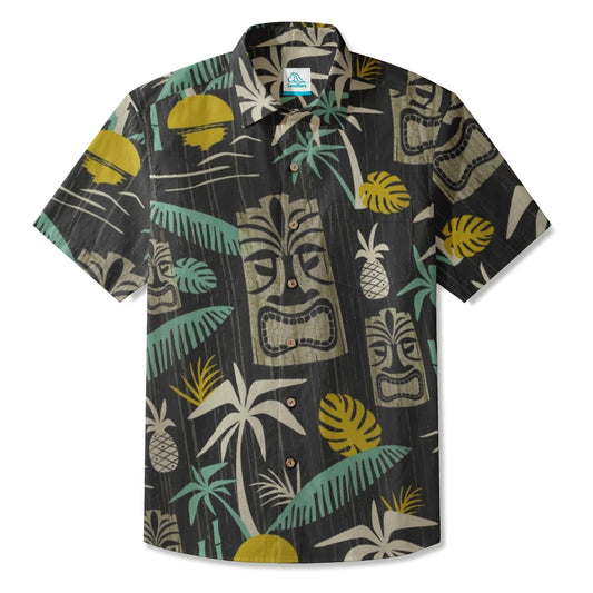 LeosWare® Men's Hawaiian Shirt Short Sleeve Button-up Breathable & Quick-Dry Aloha Midnight Tiki