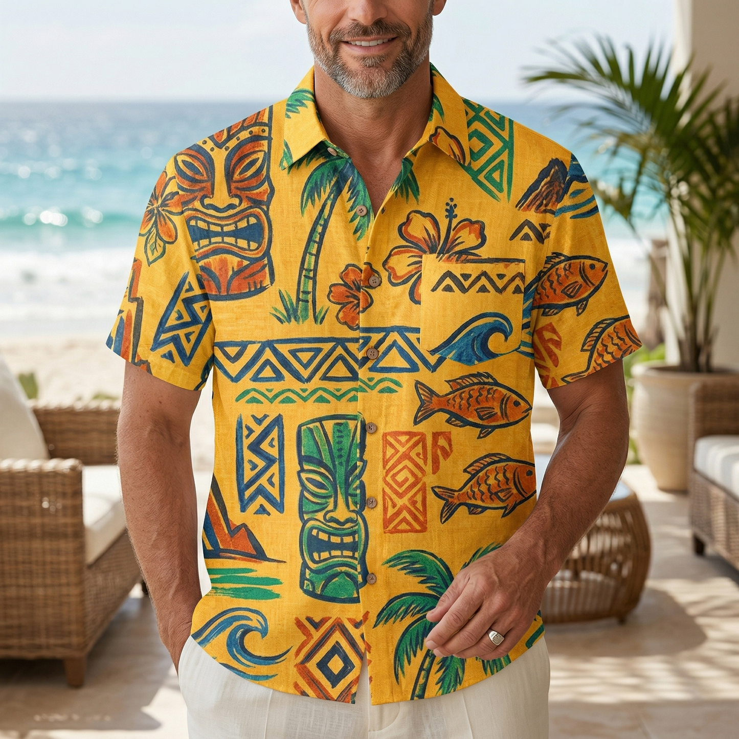 LeosWare® Men's Hawaiian Shirt Short Sleeve Button-up 95% Polyester, 5% Spandex Aloha Tropical Beats