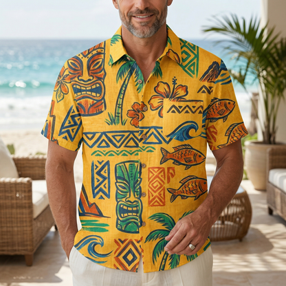LeosWare® Men's Hawaiian Shirt Short Sleeve Button-up 95% Polyester, 5% Spandex Aloha Tropical Beats