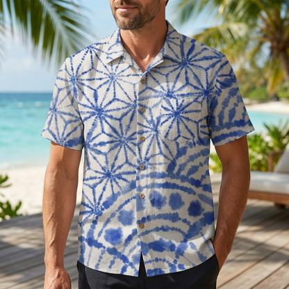 LeosWare® Men's Hawaiian Shirt Short Sleeve Button-up 95% Polyester, 5% Spandex Aloha Azure Swells