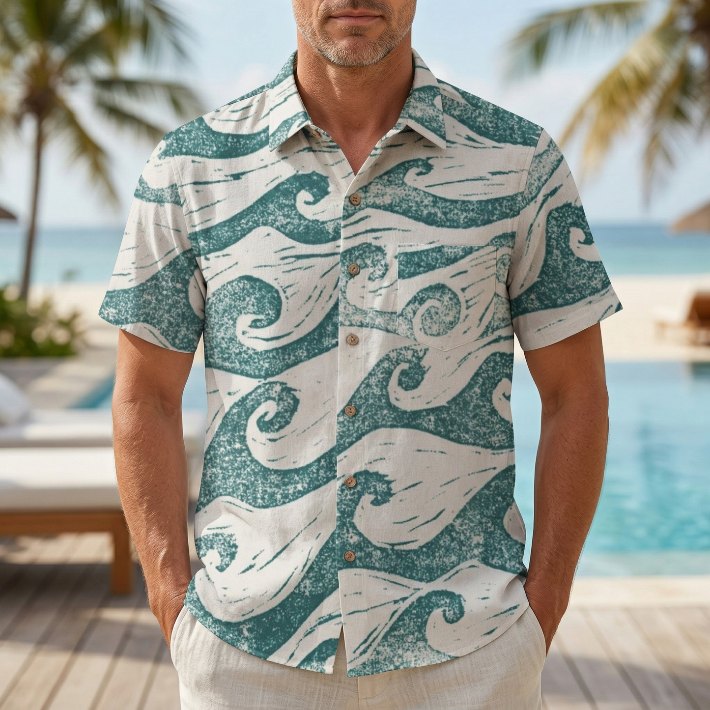 LeosWare® Men's Hawaiian Shirt Short Sleeve Button-up 95% Polyester, 5% Spandex Aloha Ocean Rhythms