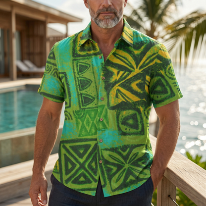 LeosWare® Men's Hawaiian Shirt Short Sleeve Button-up 95% Polyester, 5% Spandex Aloha Wilderness-themed Tiles