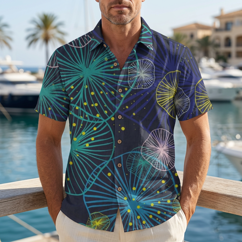 LeosWare® Men's Hawaiian Shirt Short Sleeve Button-up Breathable & Quick-Dry Aloha Neon Drift