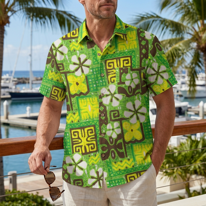 LeosWare® Men's Hawaiian Shirt Short Sleeve Button-up Breathable & Quick-Dry Aloha Tiki Meadow