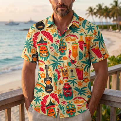 LeosWare® Men's Hawaiian Shirt Short Sleeve Button-up 95% Polyester, 5% Spandex Aloha Tropical Rhythms
