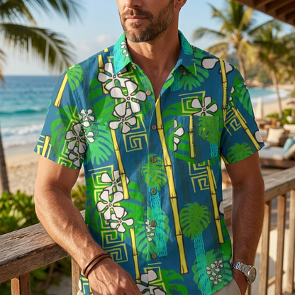 LeosWare® Men's Hawaiian Shirt Short Sleeve Button-up Breathable & Quick-Dry Aloha Bamboo Tiki