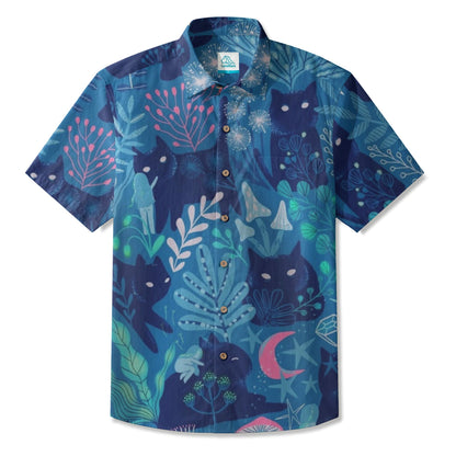 LeosWare® Men's Hawaiian Shirt Short Sleeve Button-up Breathable & Quick-Dry Aloha Midnight Cats