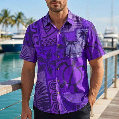 LeosWare® Men's Hawaiian Shirt Short Sleeve Button-upBreathable & Quick-Dry Aloha Tiki Mood(Royal Purple)
