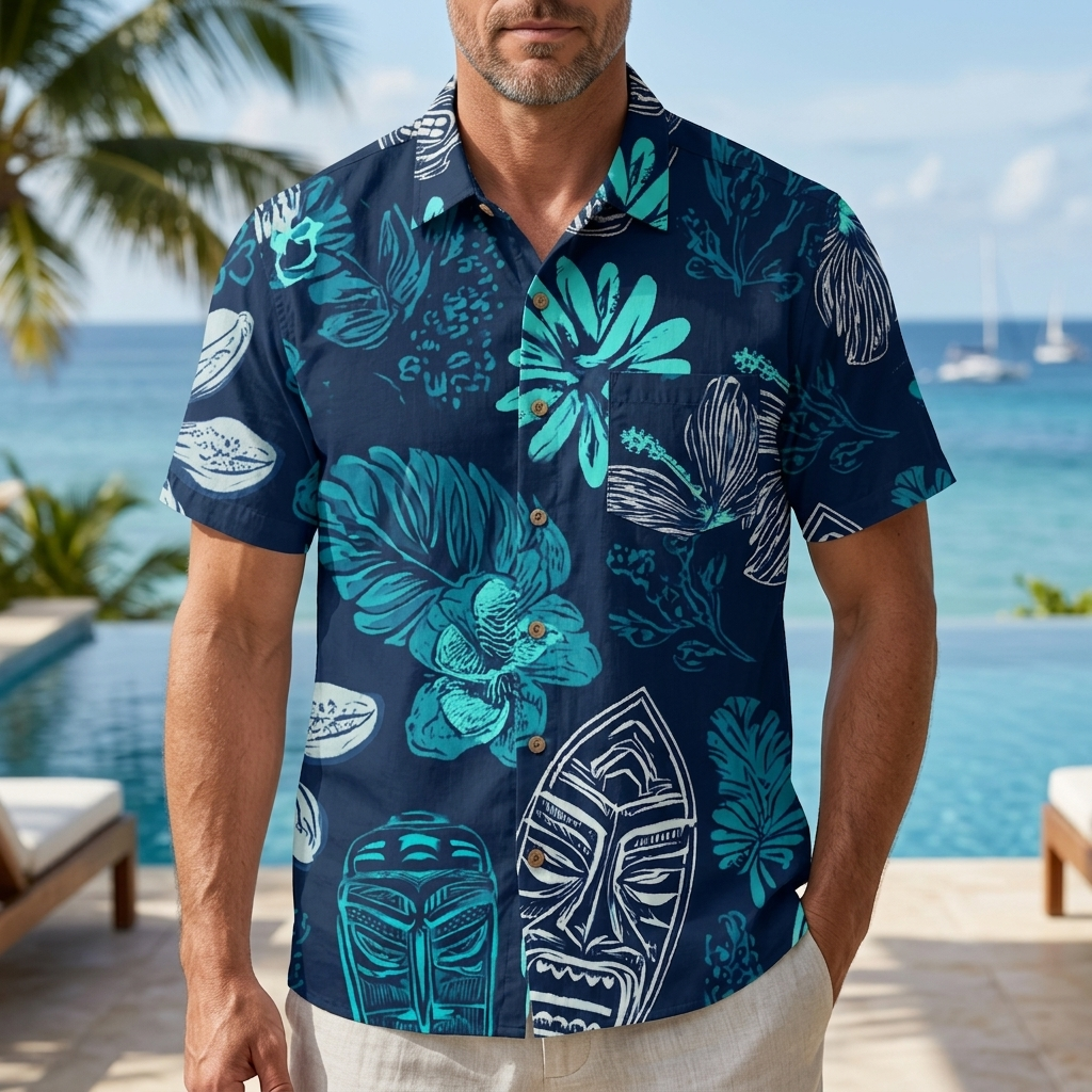LeosWare® Men's Hawaiian Shirt Short Sleeve Button-up Breathable & Quick-Dry Aloha Tiki Noir