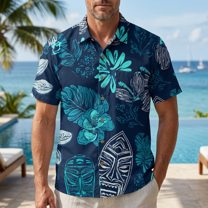 LeosWare® Men's Hawaiian Shirt Short Sleeve Button-up Breathable & Quick-Dry Aloha Tiki Noir