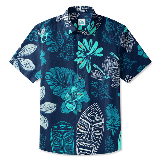 LeosWare® Men's Hawaiian Shirt Short Sleeve Button-up Breathable & Quick-Dry Aloha Tiki Noir