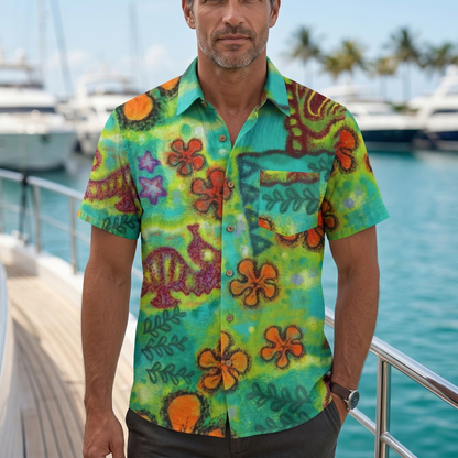 LeosWare® Men's Hawaiian Shirt Short Sleeve Button-up Premium polyester fabric Aloha Tiki Splash