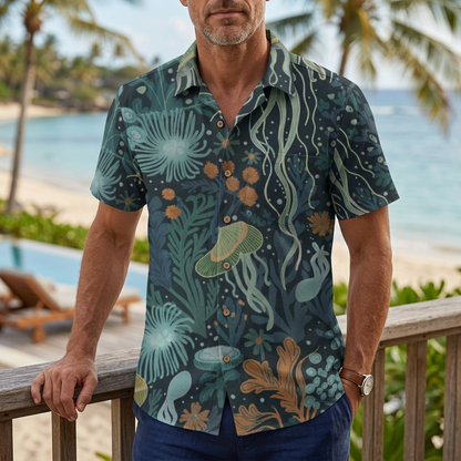 LeosWare® Men's Hawaiian Shirt Short Sleeve Button-up Breathable & Quick-Dry Aloha Ocean Garden