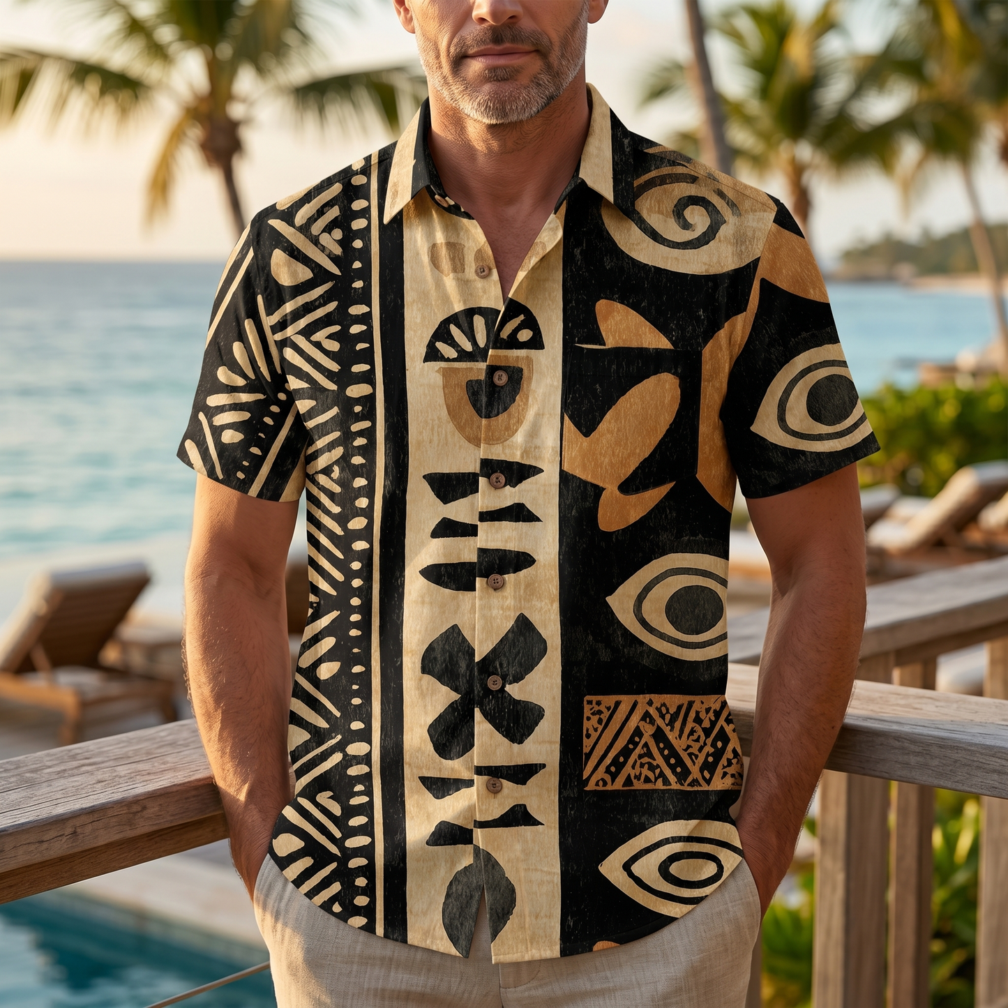 LeosWare® Men's Hawaiian Shirt Short Sleeve Button-up 95% Polyester, 5% Spandex Aloha Sand Code