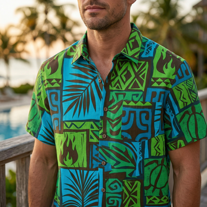 LeosWare® Men's Hawaiian Shirt Short Sleeve Button-up 95% Polyester, 5% Spandex Aloha Tiki Blaze - Illuminate Your Outdoor Space