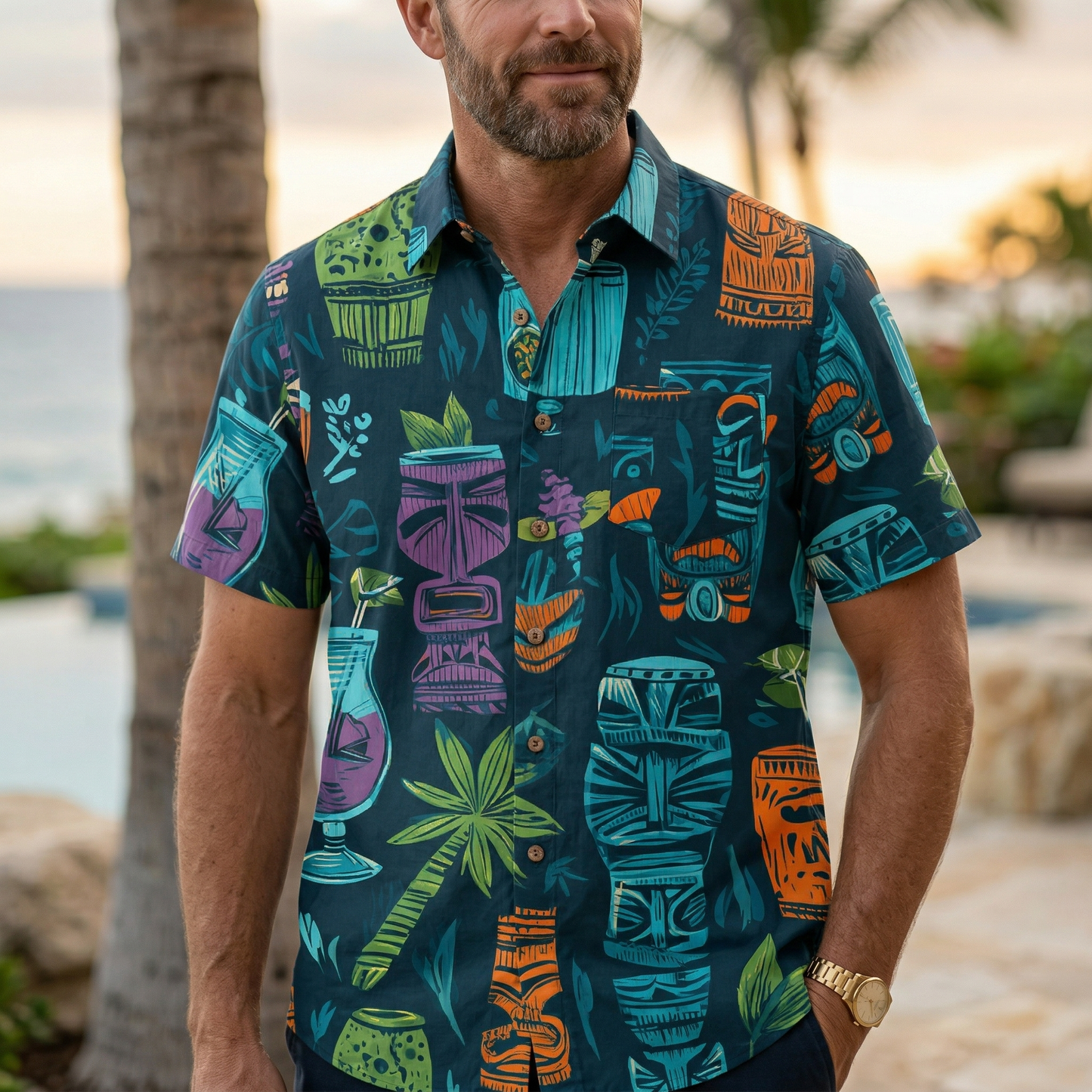 LeosWare® Men's Hawaiian Shirt Short Sleeve Button-up 95% Polyester, 5% Spandex Aloha Tiki Nights