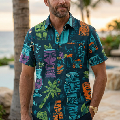LeosWare® Men's Hawaiian Shirt Short Sleeve Button-up 95% Polyester, 5% Spandex Aloha Tiki Nights